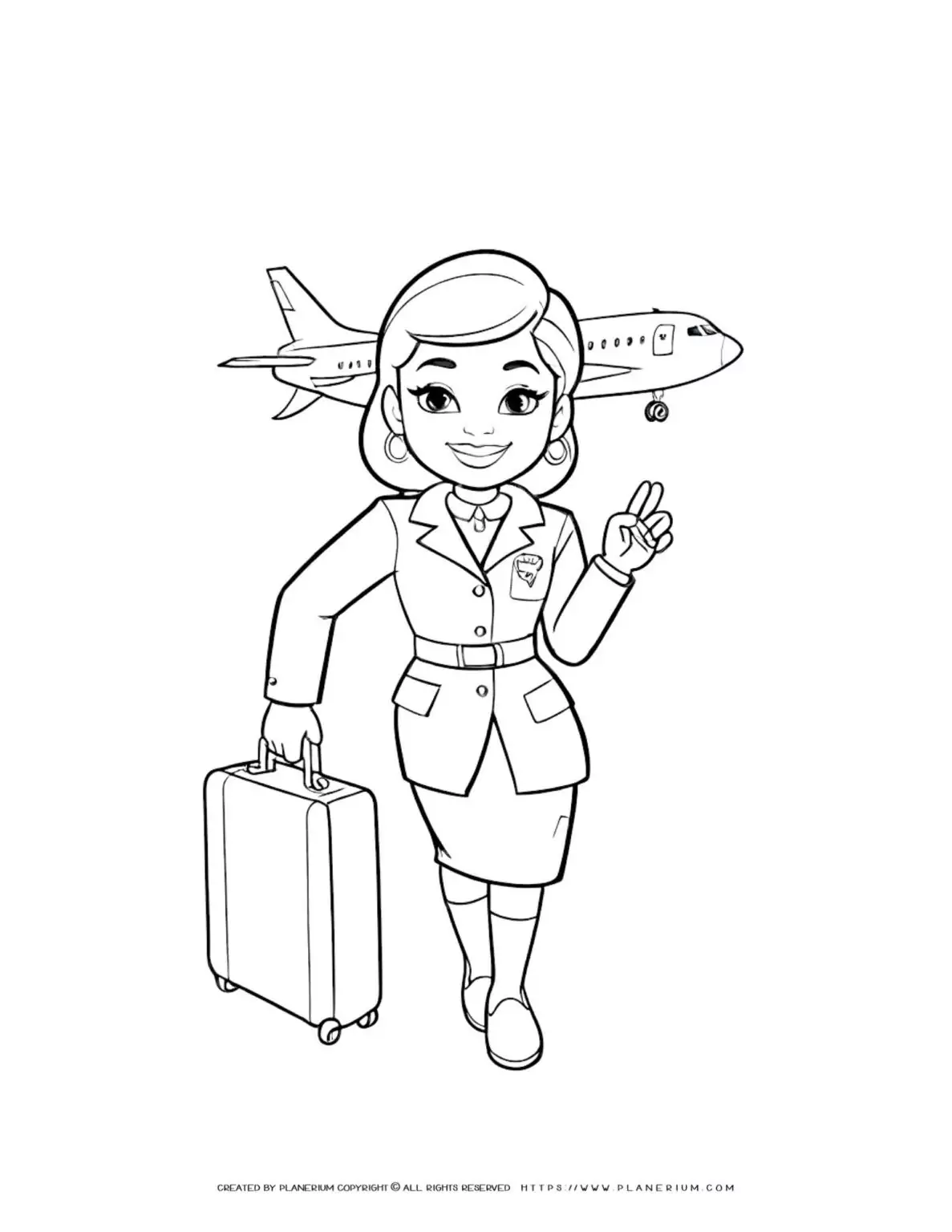 Female flight attendant with suitcase, airplane in background. Professional woman ready for travel. Flight crew member at airport.