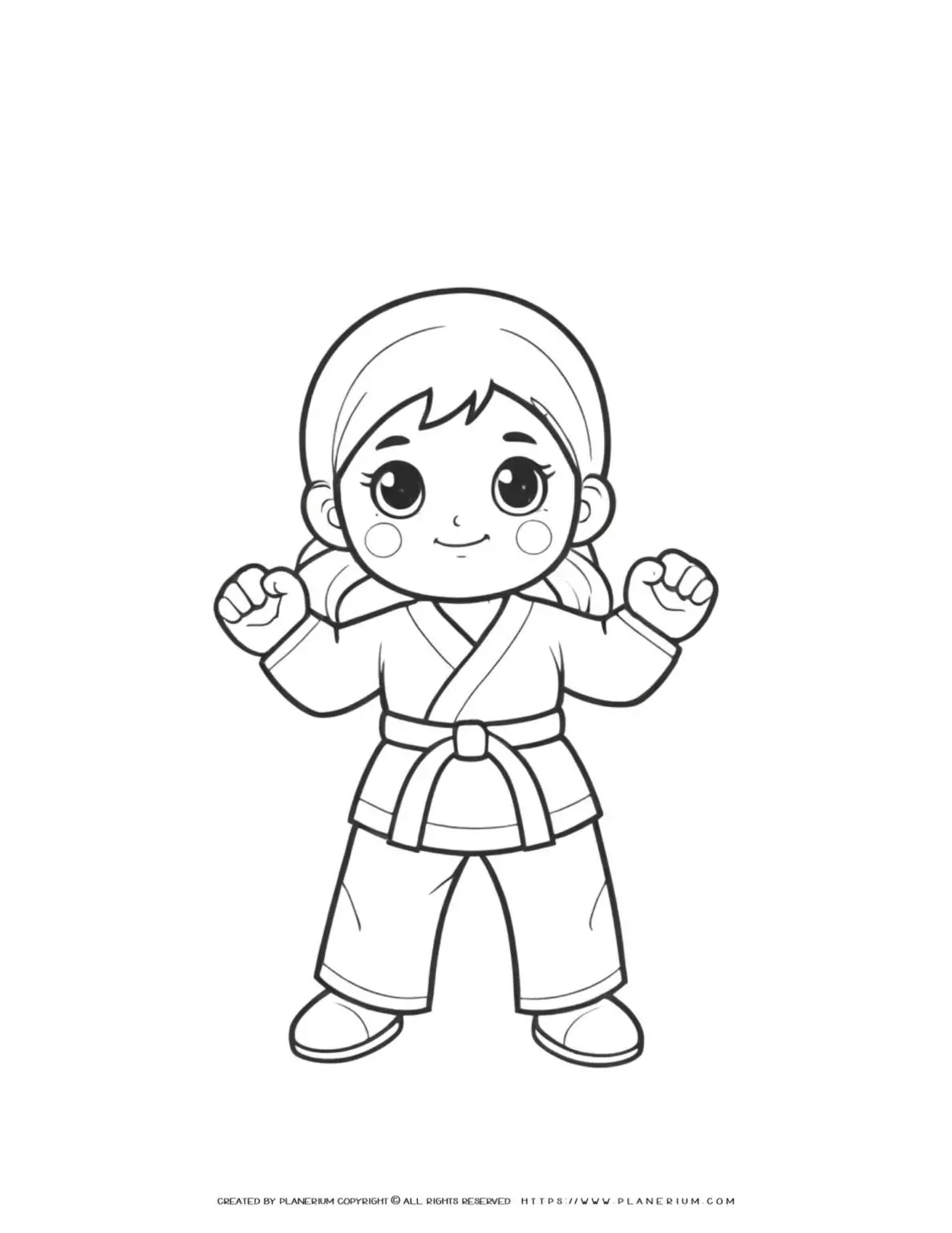 Karate girl comic illustration coloring page featuring a strong female character striking a pose. Ideal for coloring enthusiasts.