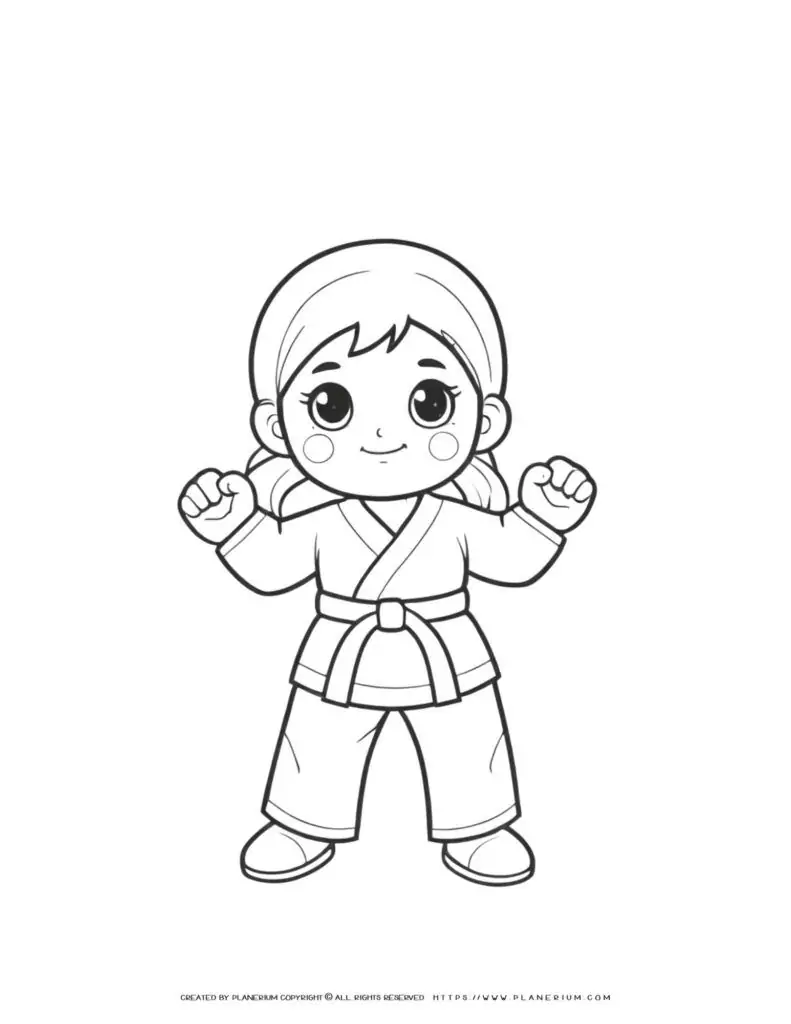 Karate girl comic illustration coloring page featuring a strong female character striking a pose. Ideal for coloring enthusiasts.