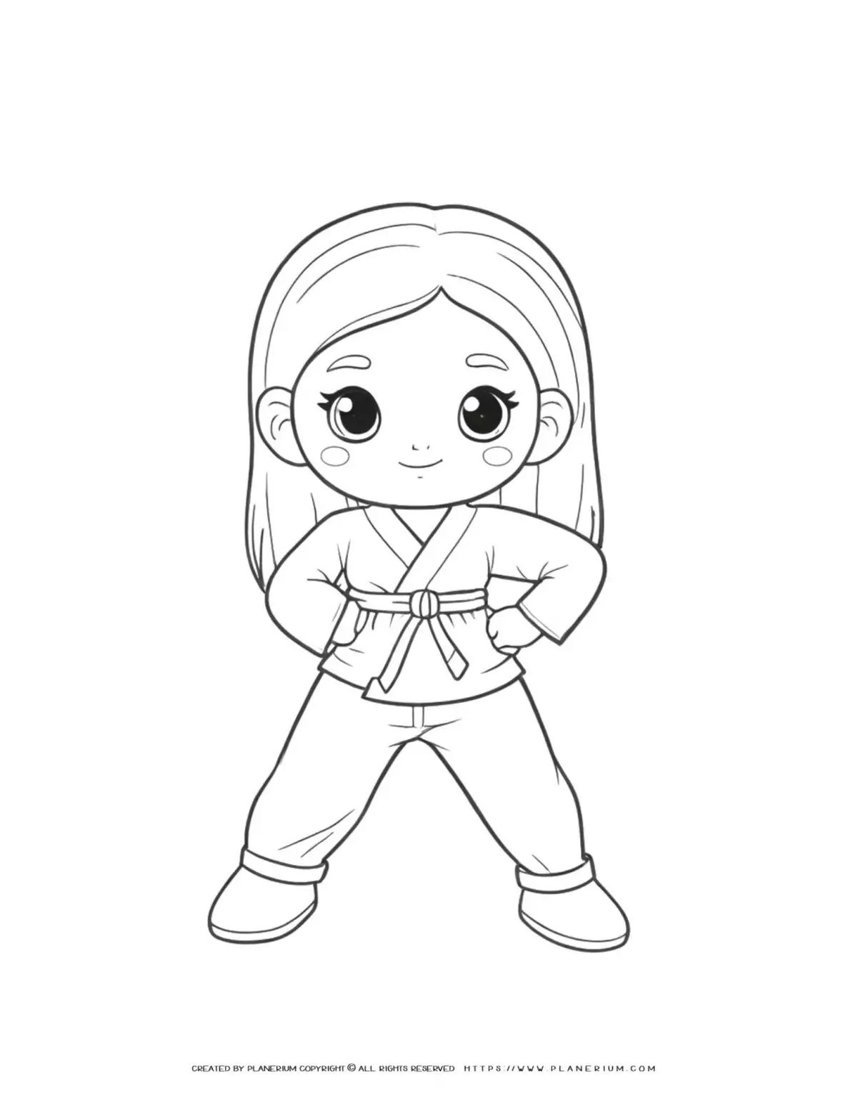 Karate girl comic character in action pose, perfect for coloring. Ideal for kids and martial arts enthusiasts.