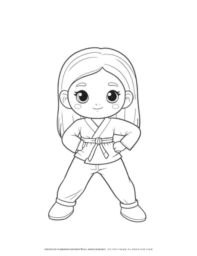 Karate girl comic character in action pose, perfect for coloring. Ideal for kids and martial arts enthusiasts.