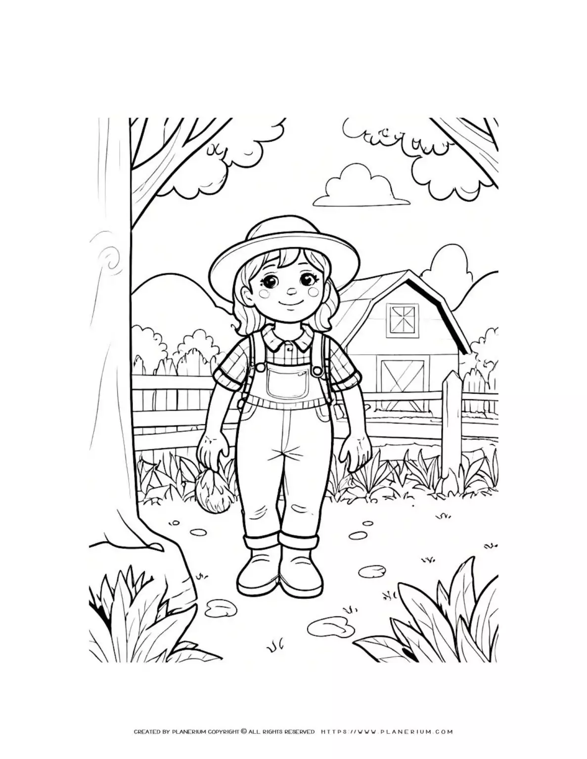 Coloring sheet of a comic girl working on the farm, perfect for kids to enjoy. Ideal for developing creativity and fine motor skills.