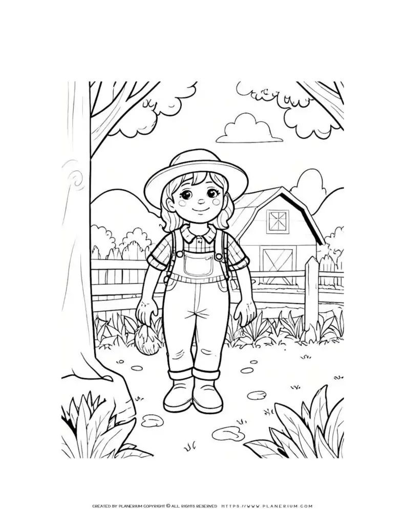 Coloring sheet of a comic girl working on the farm, perfect for kids to enjoy. Ideal for developing creativity and fine motor skills.