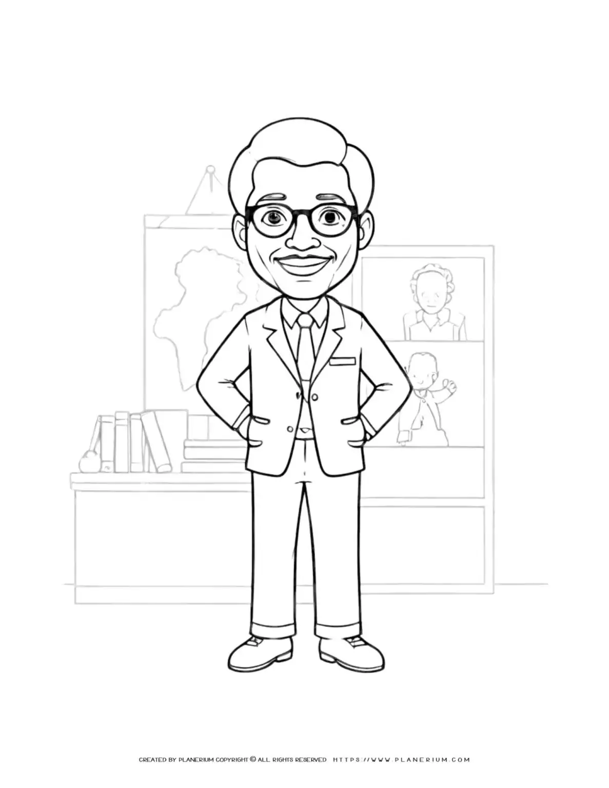 Outline coloring page of a male comic character in glasses and suit standing. Perfect for kids and adults. Ideal for coloring enthusiasts.