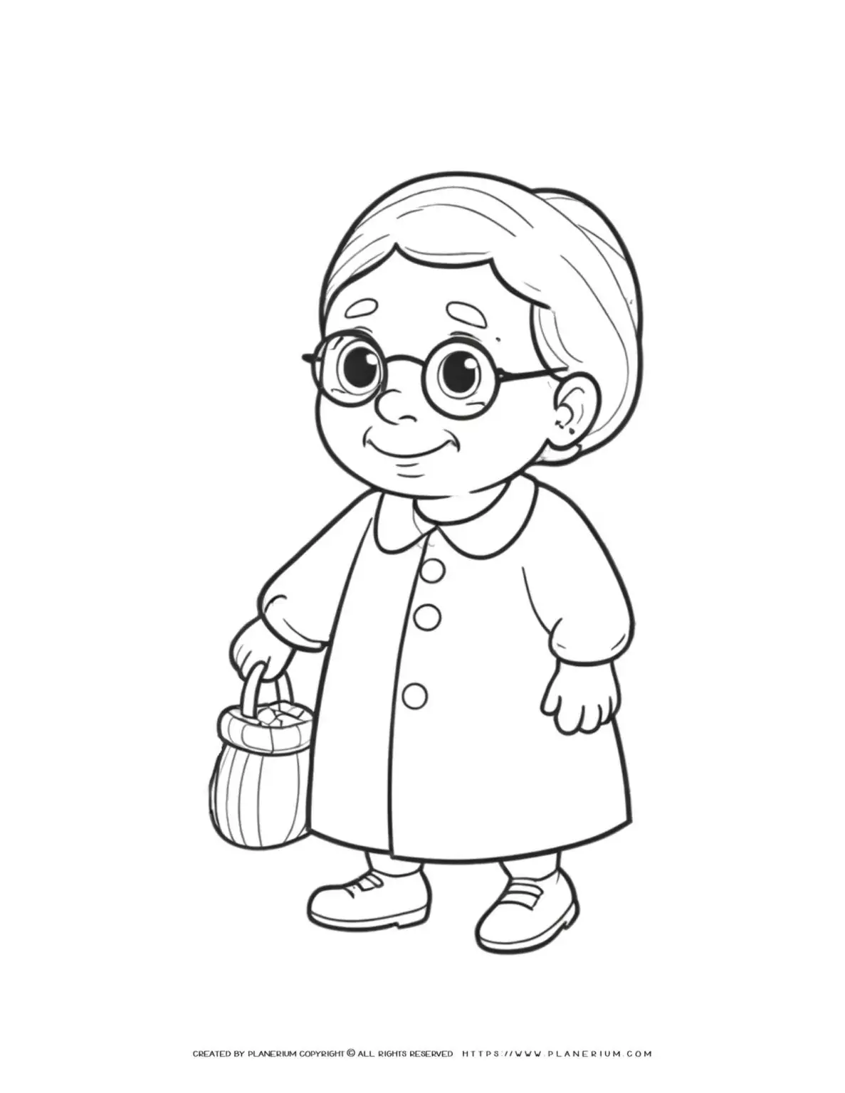 Elderly woman with glasses holding a basket coloring page for adults and kids. Fun and detailed design for relaxation and creativity.
