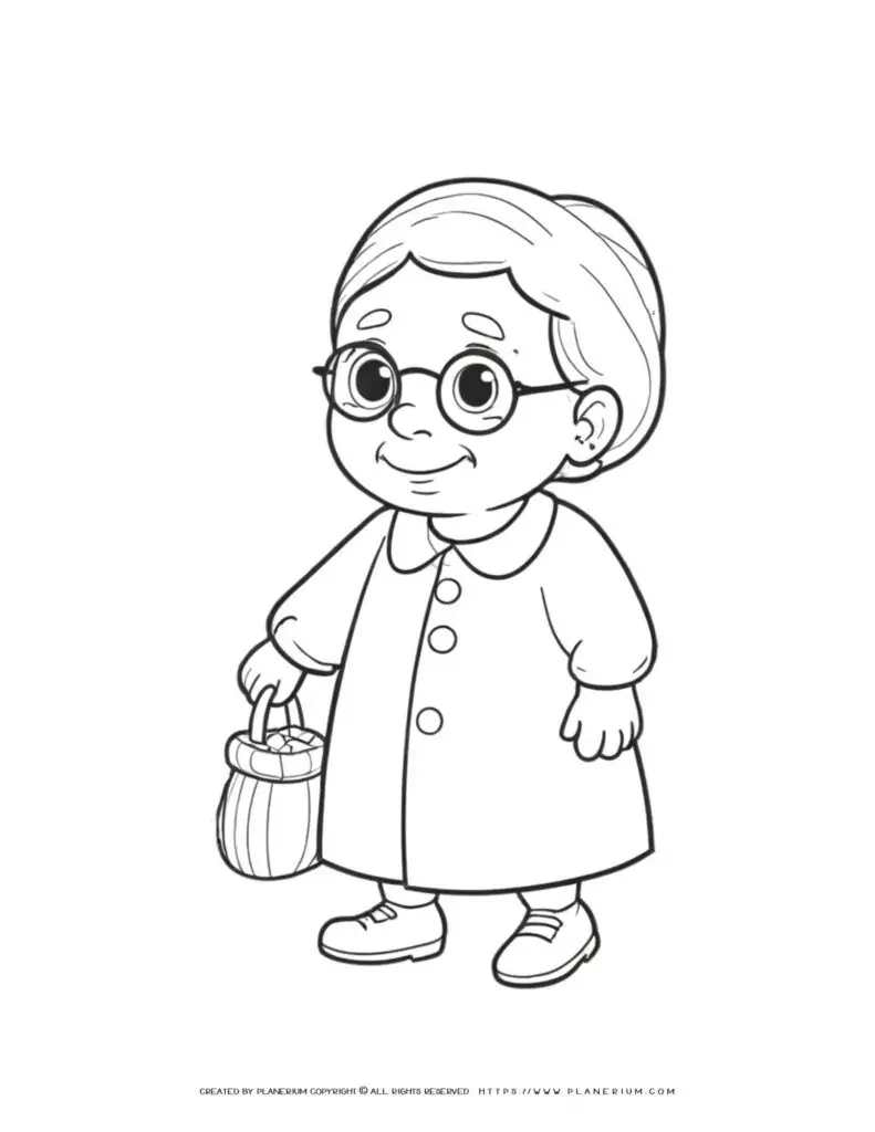 Elderly woman with glasses holding a basket coloring page for adults and kids. Fun and detailed design for relaxation and creativity.