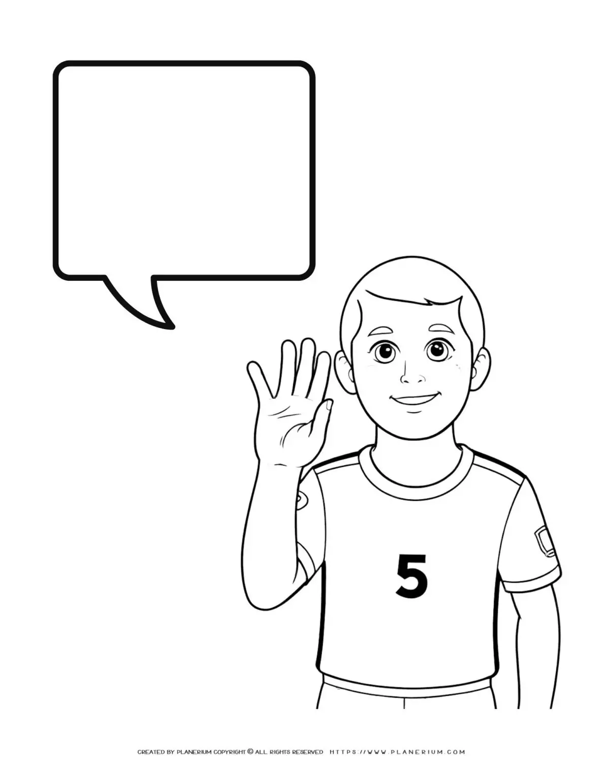 Young soccer player raising hand with speech bubble outlines, perfect for comic-themed designs. Great for sports illustrations and graphic projects.