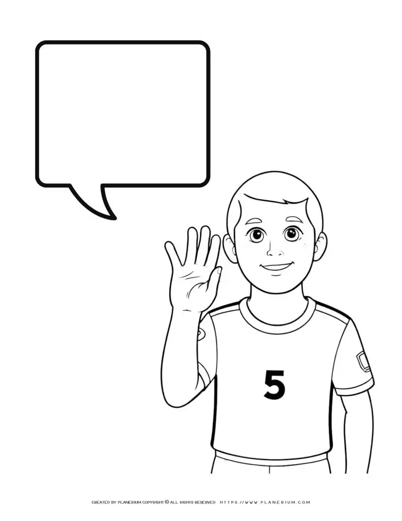 Young soccer player raising hand with speech bubble outlines, perfect for comic-themed designs. Great for sports illustrations and graphic projects.