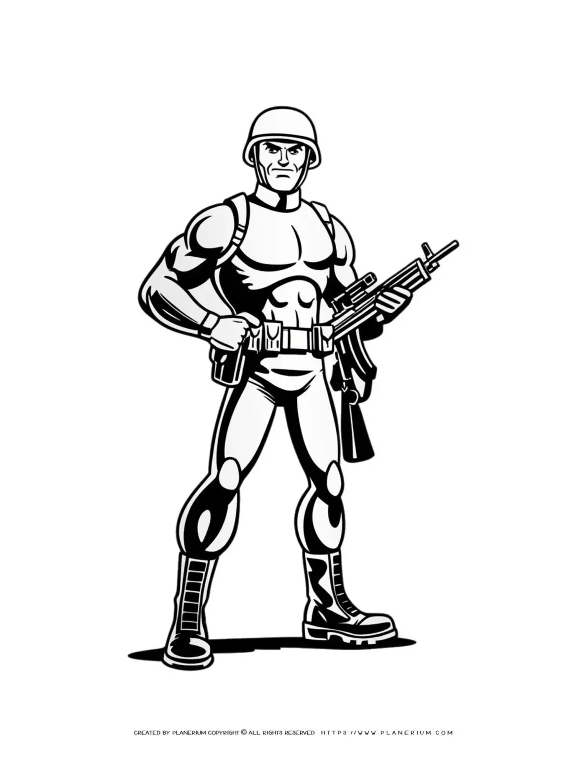Black and white comic soldier illustration holding a gun. Unique military artwork for design projects.