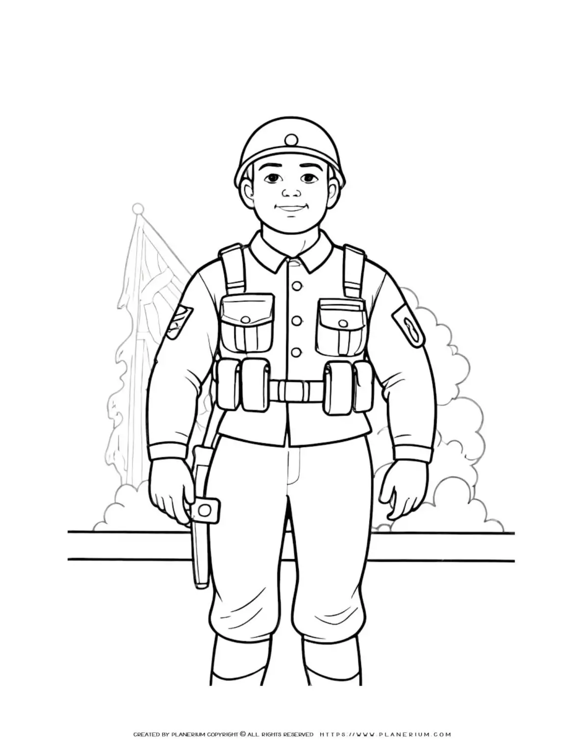 Comic soldier in uniform standing outline coloring page for kids. Perfect for military themed activities and coloring fun.