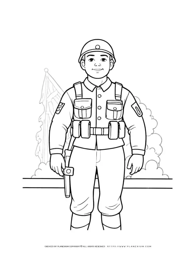 Comic soldier in uniform standing outline coloring page for kids. Perfect for military themed activities and coloring fun.