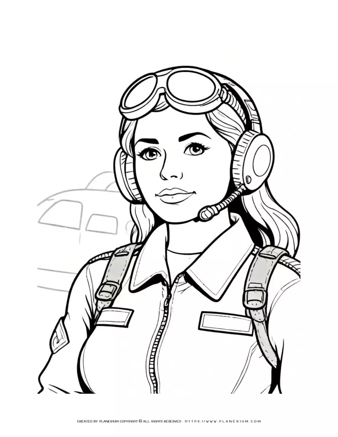 Woman pilot portrait coloring sheet in comic style for a fun and creative activity. Ideal for aviation enthusiasts and art lovers.