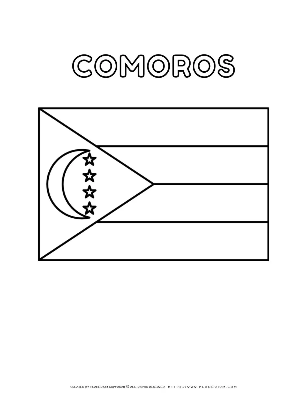 Comoros flag coloring page for kids to learn about national symbols and colors. Perfect for educational activities and patriotic celebrations.