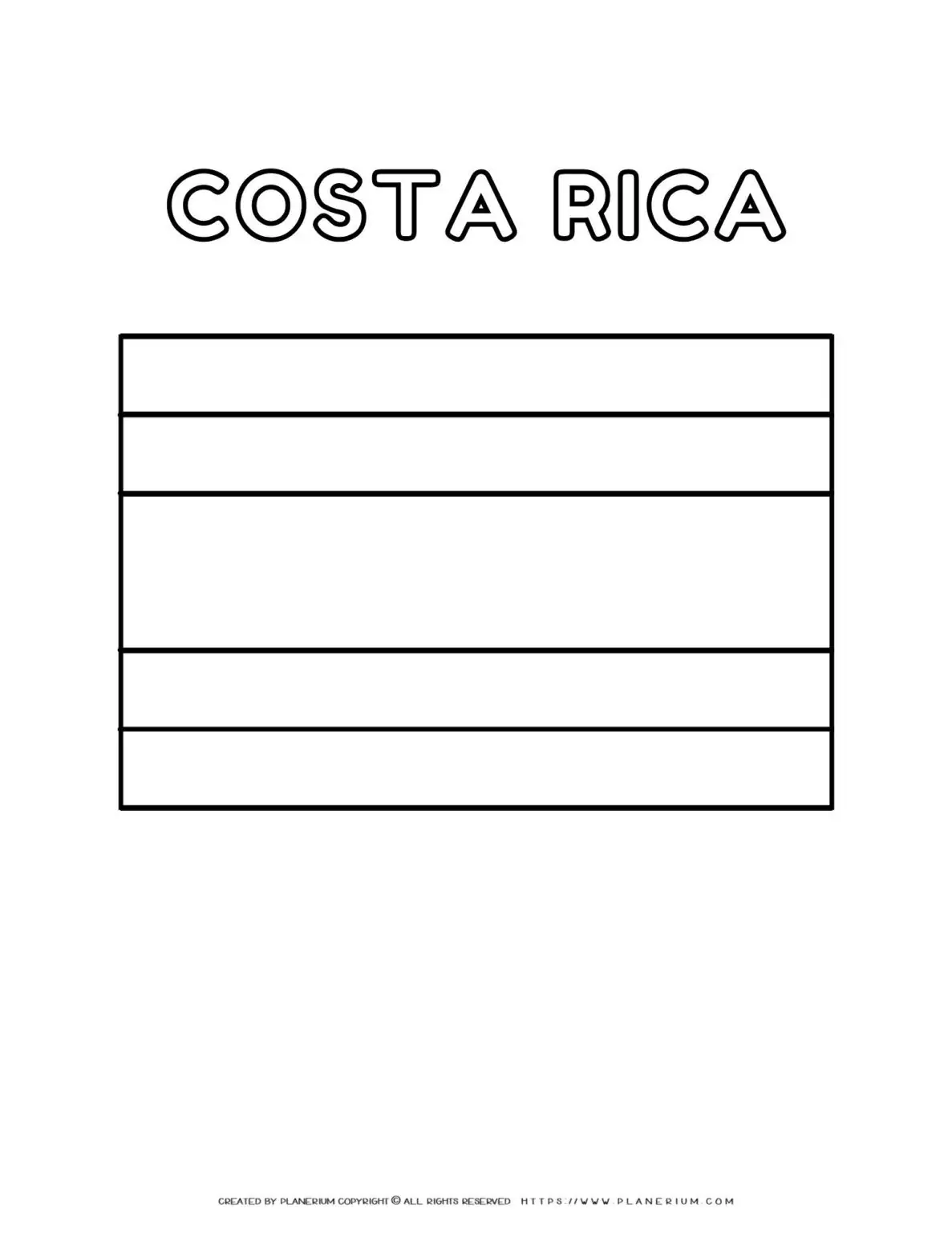 Costa Rica flag coloring page for kids to learn about Central American country's national symbol. Perfect for educational activities and crafts.