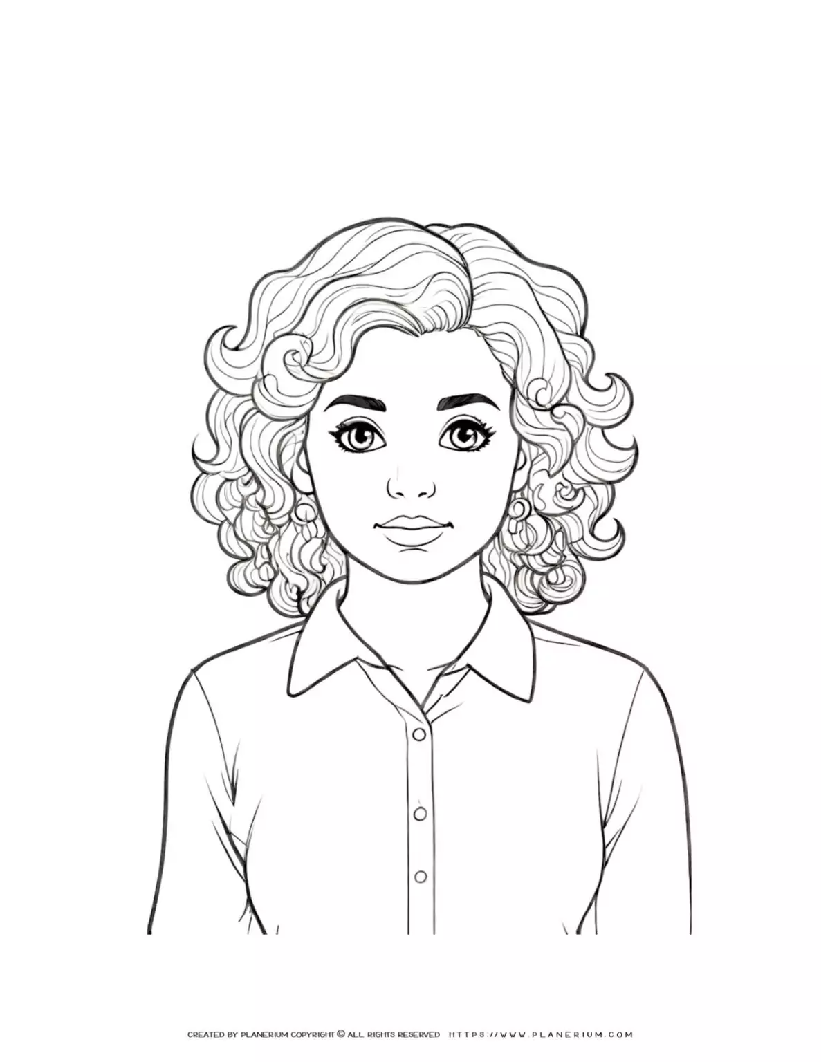 Curly haired woman coloring page illustration for adults and kids, perfect for relaxation and creativity. Ideal for stress relief and mindfulness.
