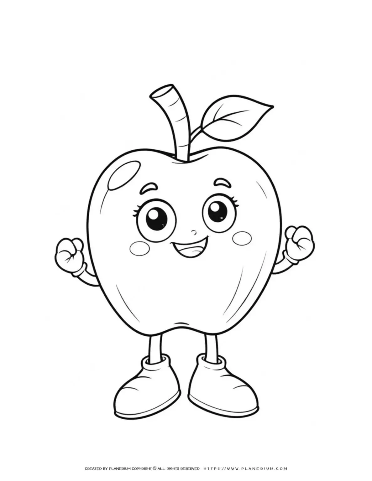 Cartoon apple character with arms and legs smiling.