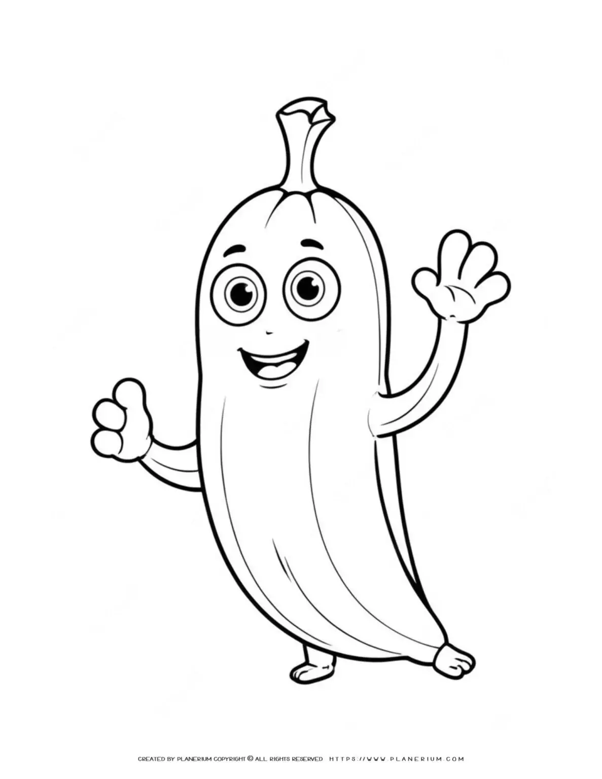 Happy banana cartoon character waving.