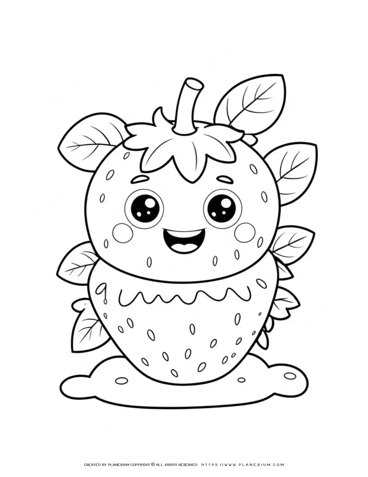 Happy strawberry cartoon with leaves coloring page