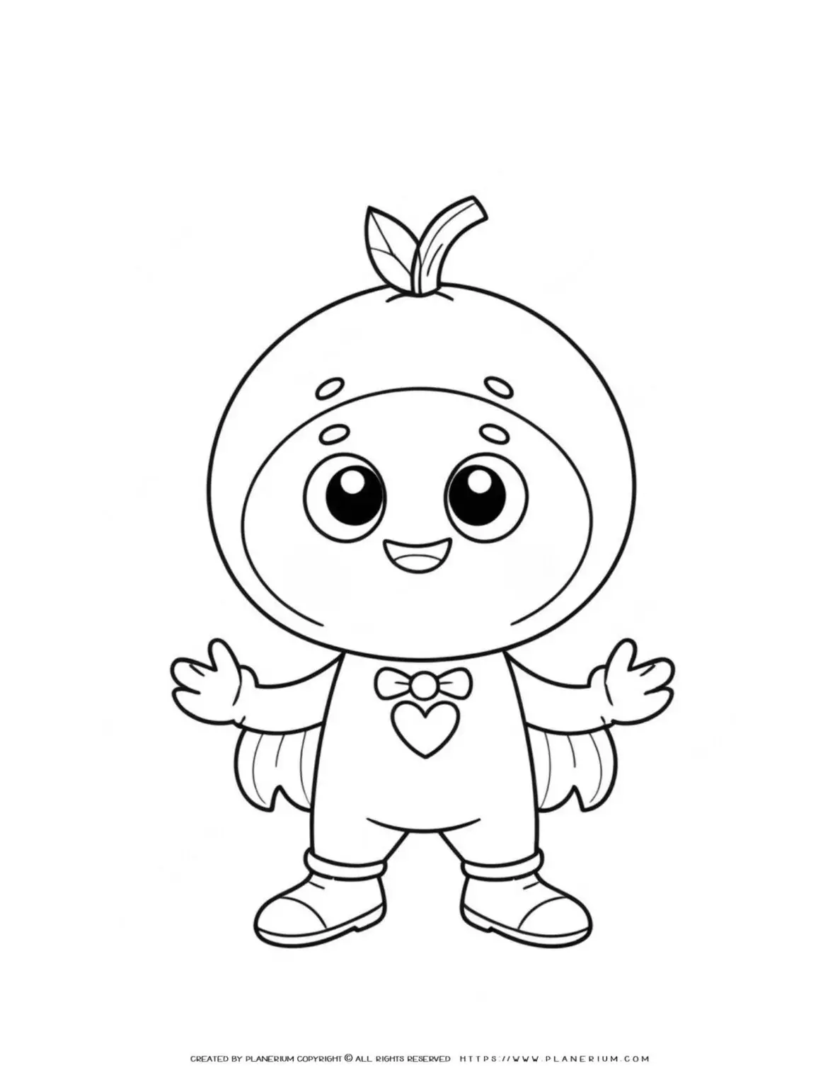 Cartoon character with fruit head and heart emblem