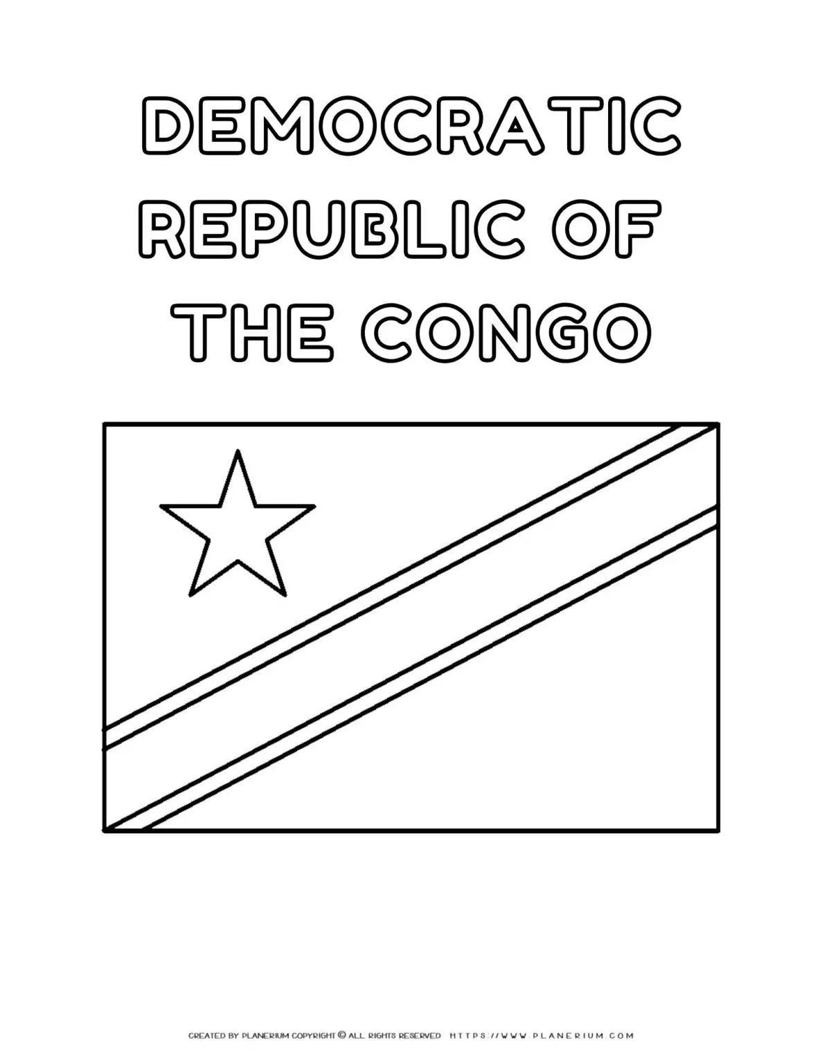 Coloring page of the Democratic Republic of the Congo flag. Fun and educational activity for kids to learn about African countries.
