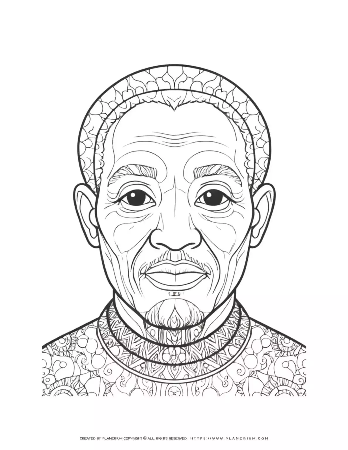 Detailed coloring page of an African old male portrait illustration from the front view. African old man coloring sheet.
