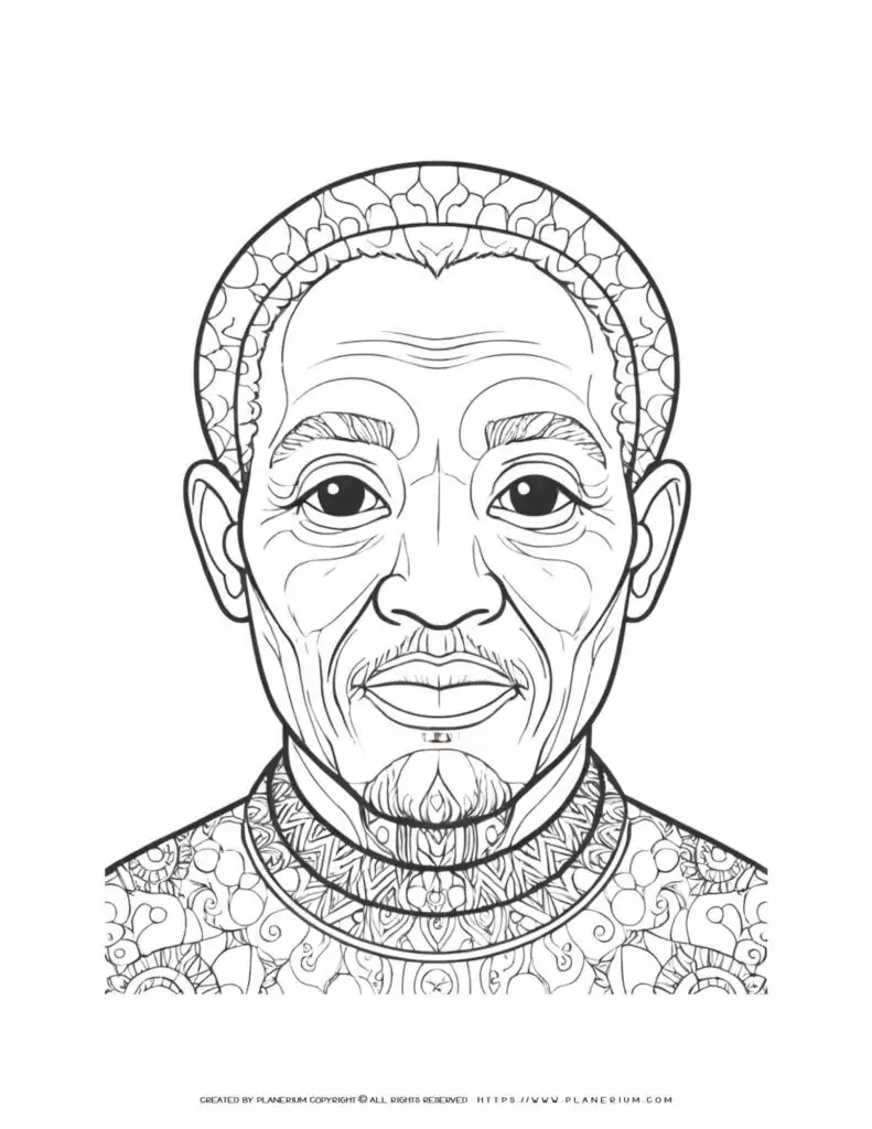 Detailed coloring page of an African old male portrait illustration from the front view. African old man coloring sheet.