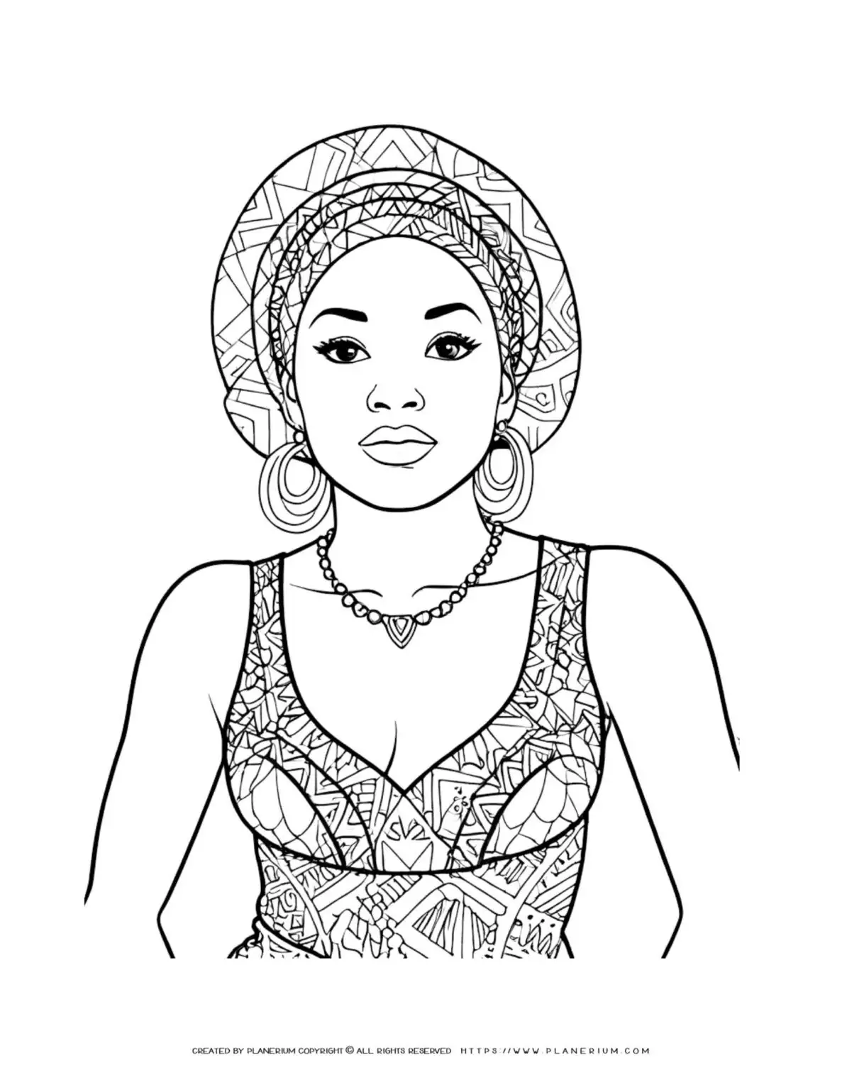 Detailed coloring page of a black woman portrait in front view, perfect for art enthusiasts and coloring enthusiasts alike.