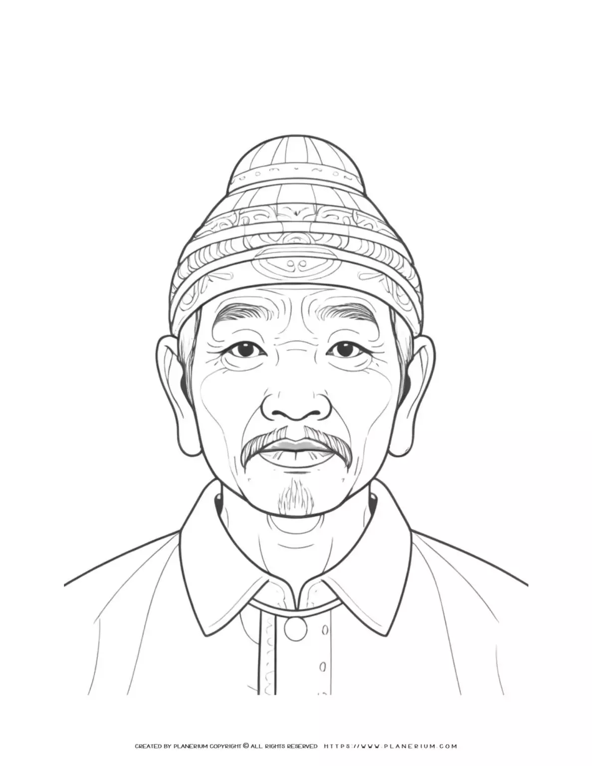 Detailed coloring page of elderly Asian man wearing a hat in front view. Asian man coloring sheet for adults. Portrait of senior man for coloring book.