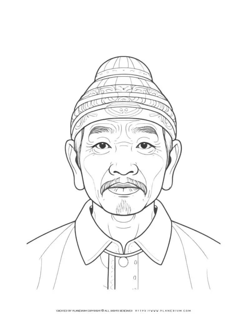 Detailed coloring page of elderly Asian man wearing a hat in front view. Asian man coloring sheet for adults. Portrait of senior man for coloring book.