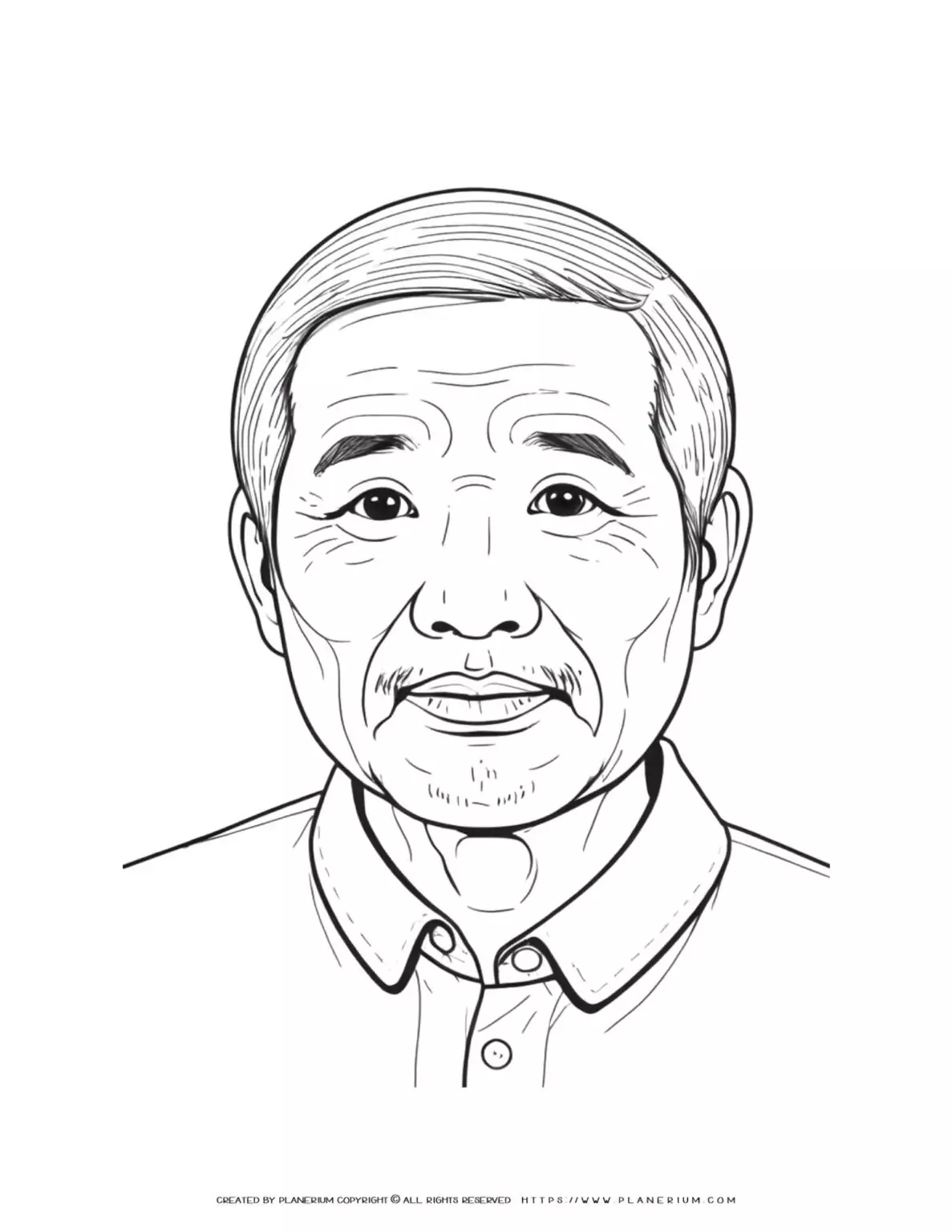 Detailed coloring page of an old Chinese man portrait in front view. Traditional Asian artwork for coloring enthusiasts.