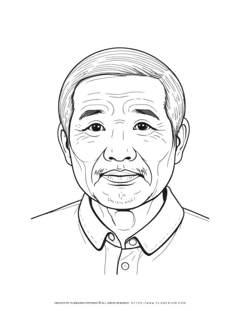 Detailed coloring page of an old Chinese man portrait in front view. Traditional Asian artwork for coloring enthusiasts.