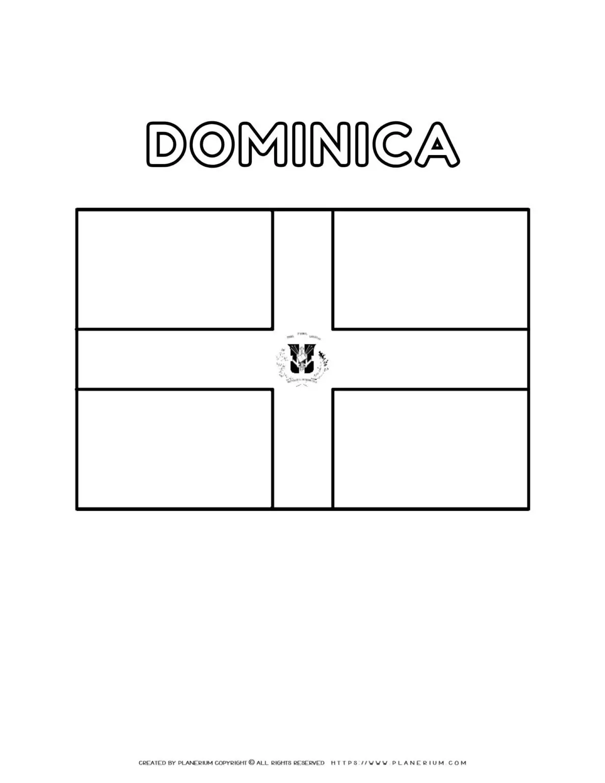 Coloring page of Dominica flag for kids to learn about Caribbean countries. Perfect for educational activities and cultural exploration.