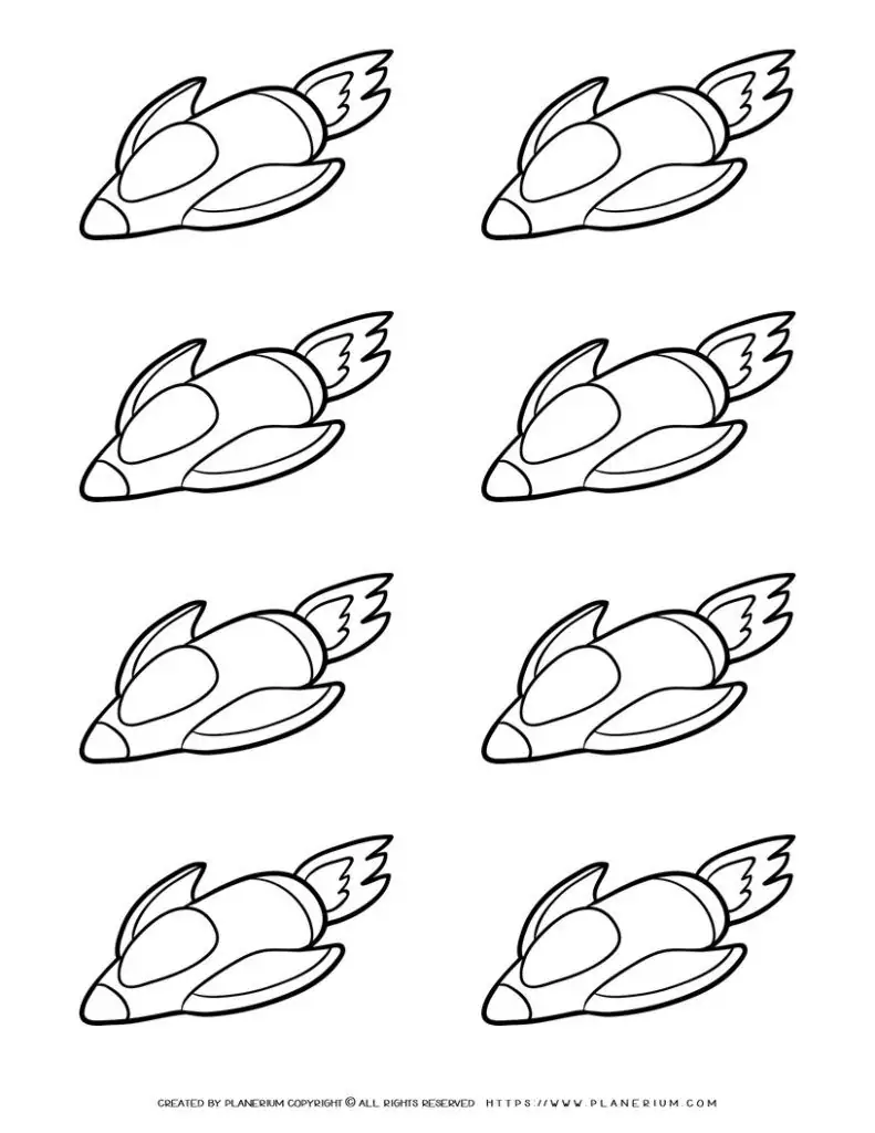 Outline drawing of spaceships in rows.