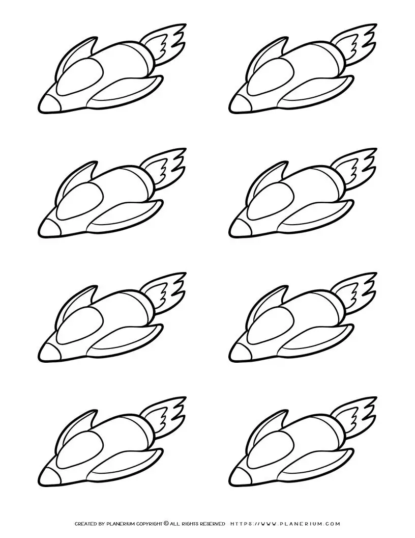 Outline drawing of spaceships in rows.