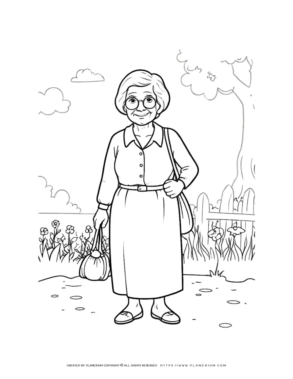 Elderly woman holding bag outside drawing coloring page for adults. Hand-drawn illustration of senior lady with purse in nature setting.