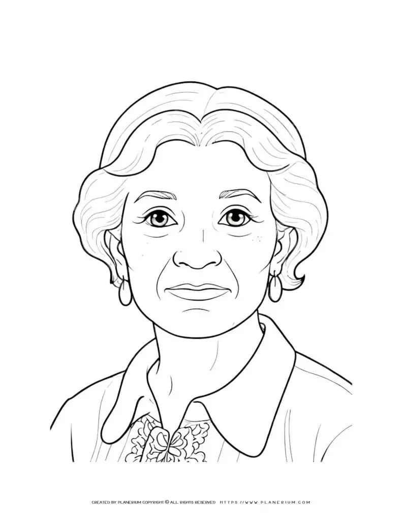Coloring page of an elderly woman portrait, perfect for relaxation and stress relief. Ideal for adults and seniors.