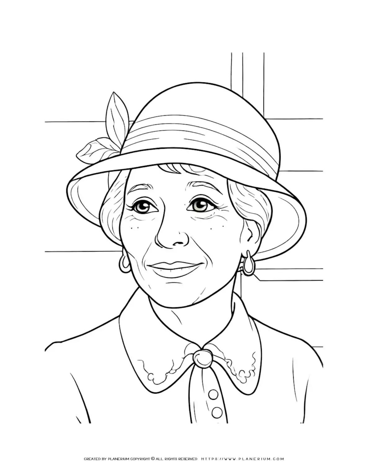 Coloring page of elderly woman wearing a hat with window background. Ideal for relaxation and art therapy. Great for all ages.