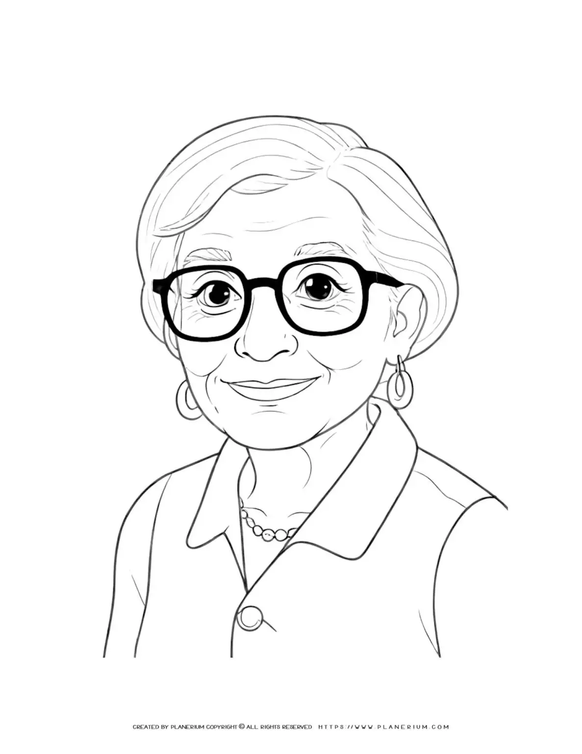 Elderly woman wearing glasses coloring sheet for adults to print and enjoy. Perfect for relaxation and stress relief.