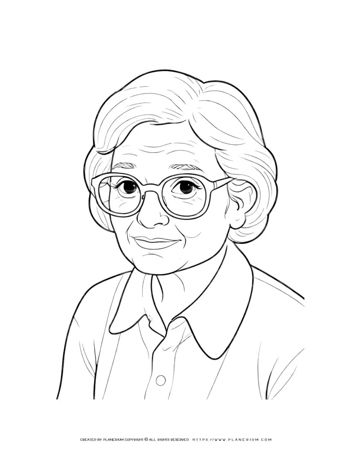 Coloring page of an elderly woman with glasses. Perfect for adults and seniors. Relaxing activity for all ages. Ideal for art therapy and mindfulness.