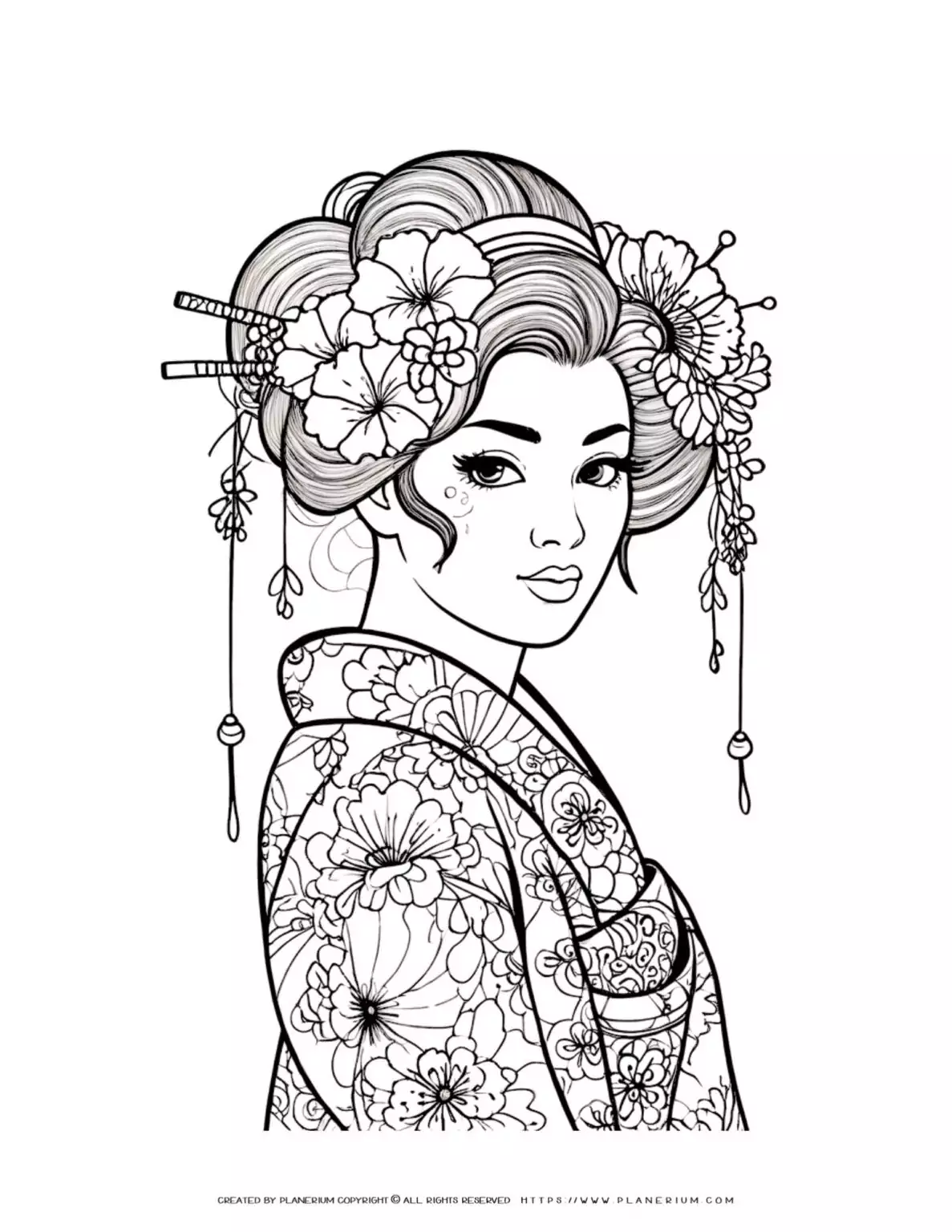 Geisha coloring page with floral patterns.