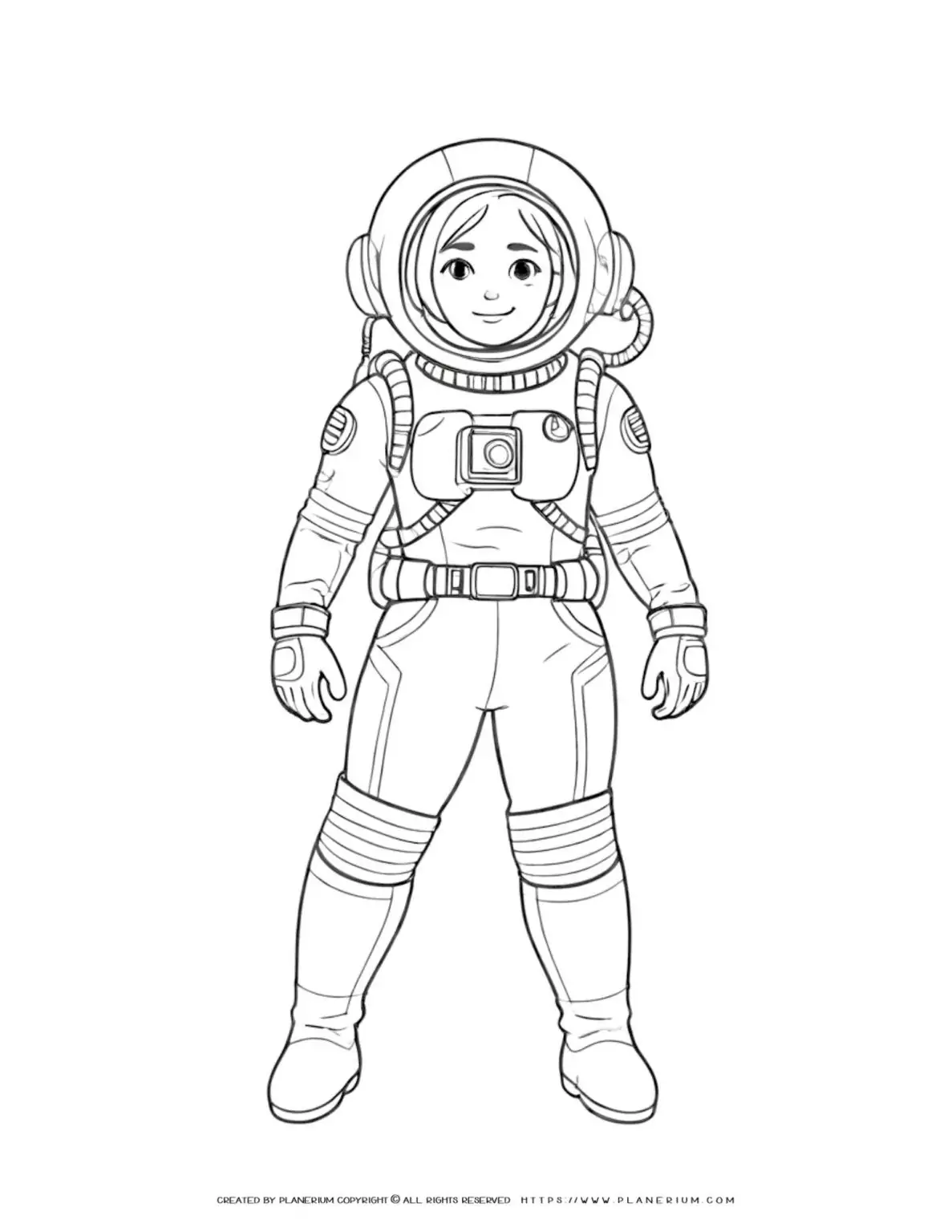 Coloring page of a female astronaut in full body suit, perfect for kids interested in space exploration and science.