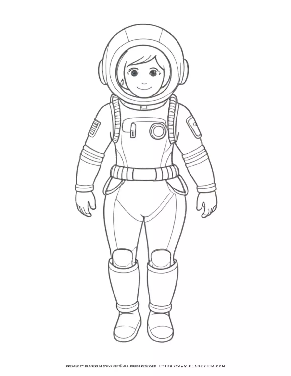 Illustration of a female astronaut in full body coloring page, perfect for kids and space enthusiasts. Ideal for educational purposes and creative projects.