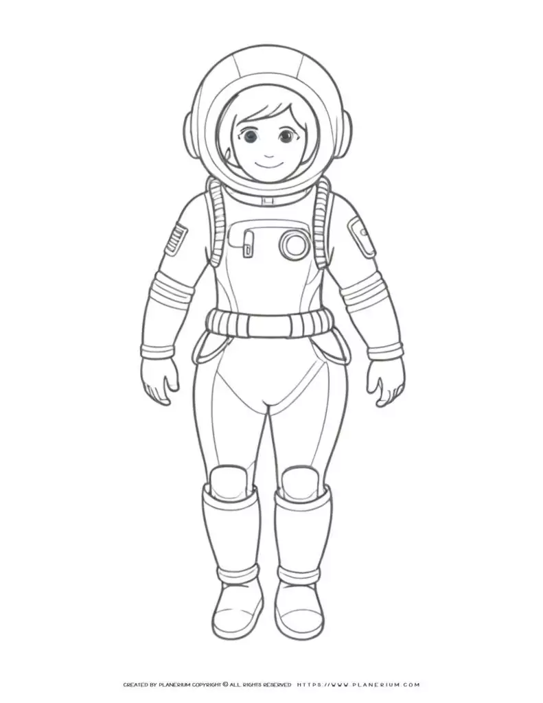 Illustration of a female astronaut in full body coloring page, perfect for kids and space enthusiasts. Ideal for educational purposes and creative projects.