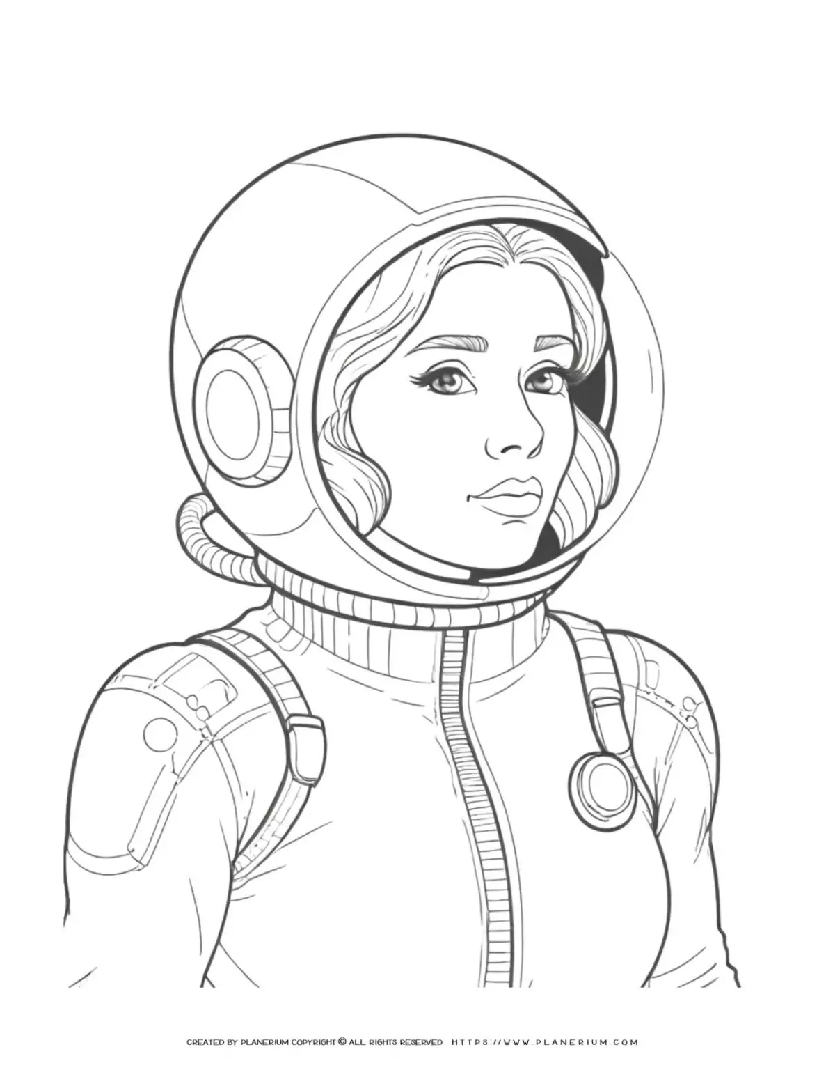 Coloring page of a female astronaut in space suit. Perfect for kids to learn about space exploration and gender equality in STEM fields.