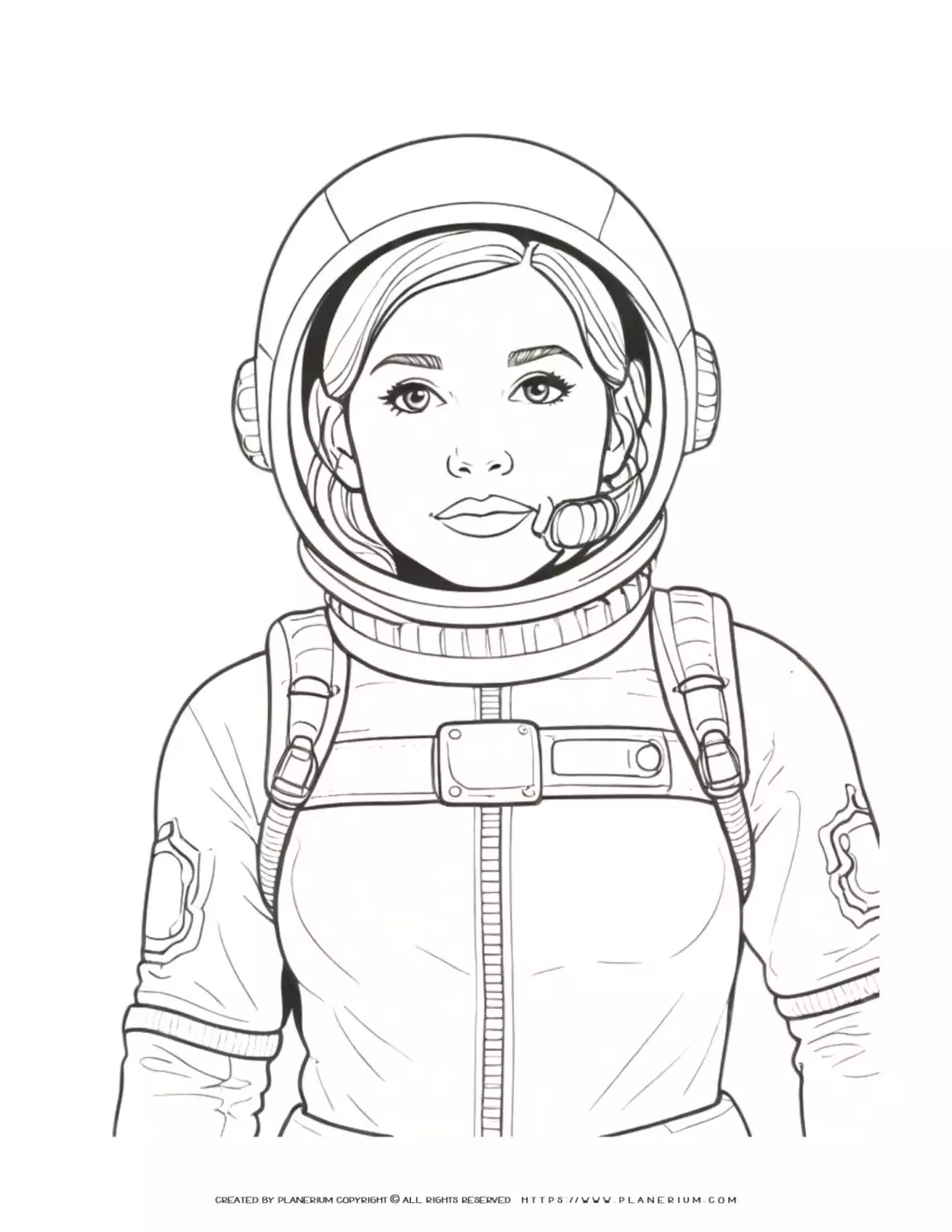 Coloring page illustration of a female astronaut in space suit. Perfect for kids and space enthusiasts. Ideal for educational use and creative projects.