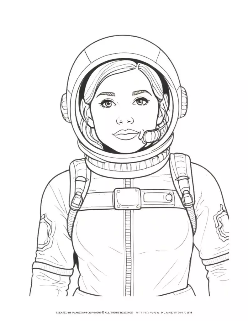 Coloring page illustration of a female astronaut in space suit. Perfect for kids and space enthusiasts. Ideal for educational use and creative projects.