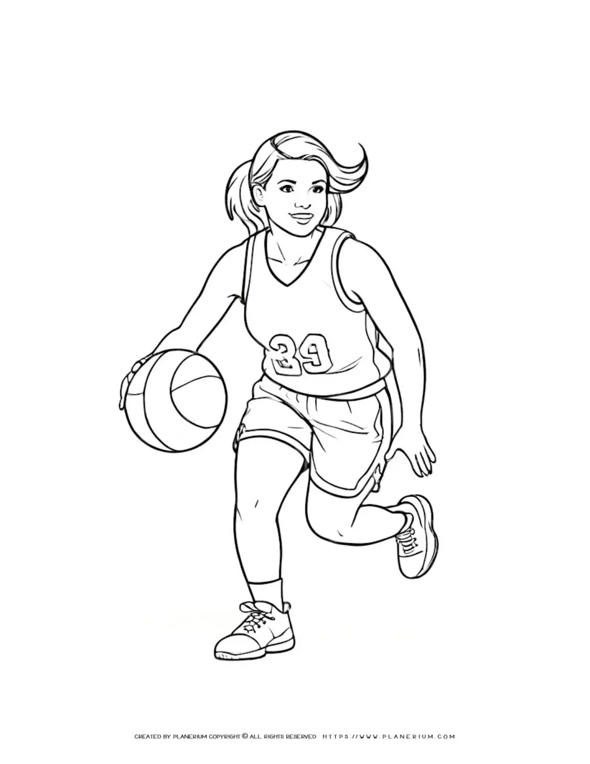 Coloring page of a female basketball player in action. Perfect for kids and sports enthusiasts. Printable and free to download.