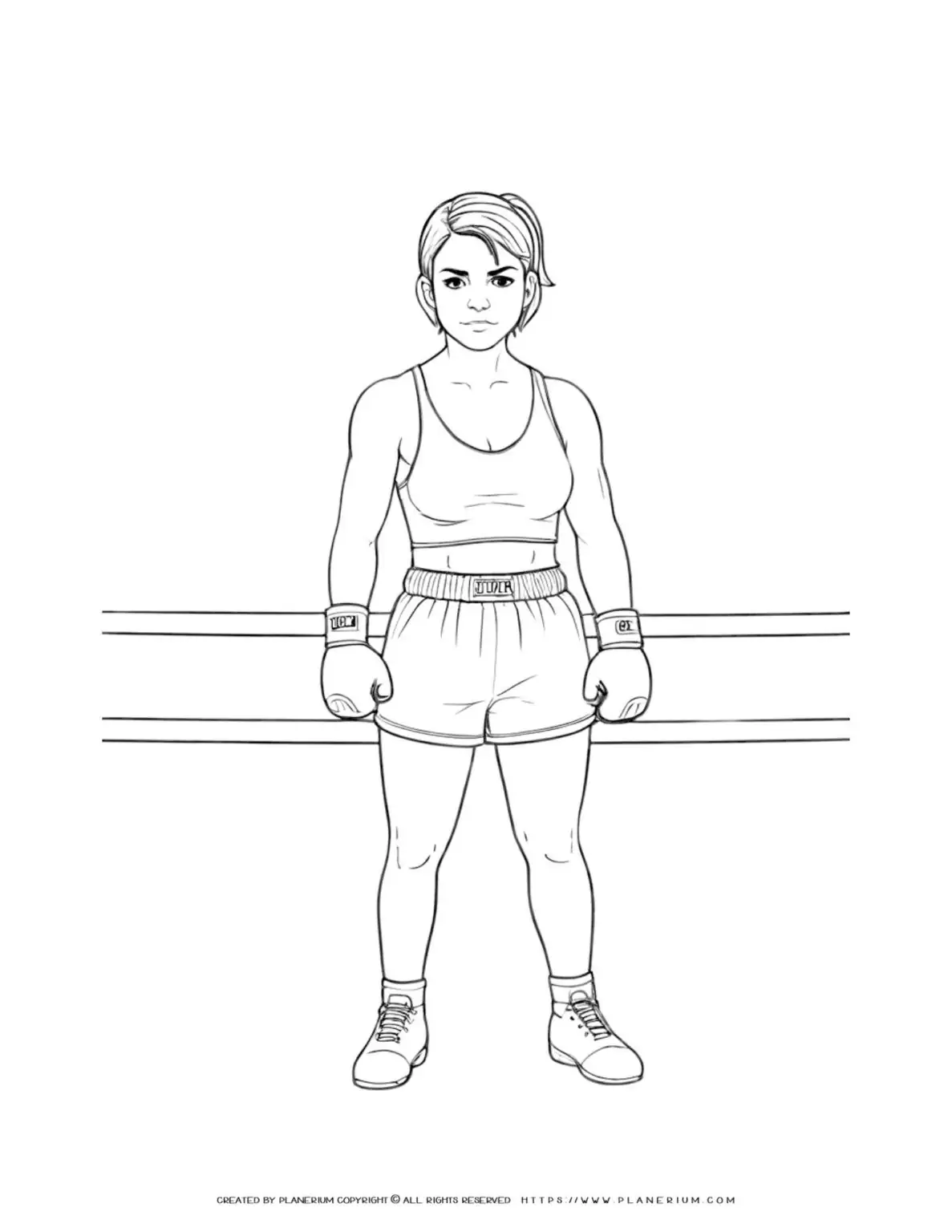 Illustration of a female boxer coloring page, perfect for kids and adults who love sports and fitness. Ideal for relaxation and creativity.