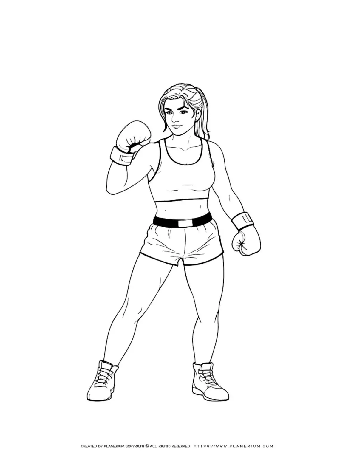 Coloring page of a female boxer in a fighting stance, perfect for kids and adults who love sports and fitness. Ideal for relaxation and creativity.
