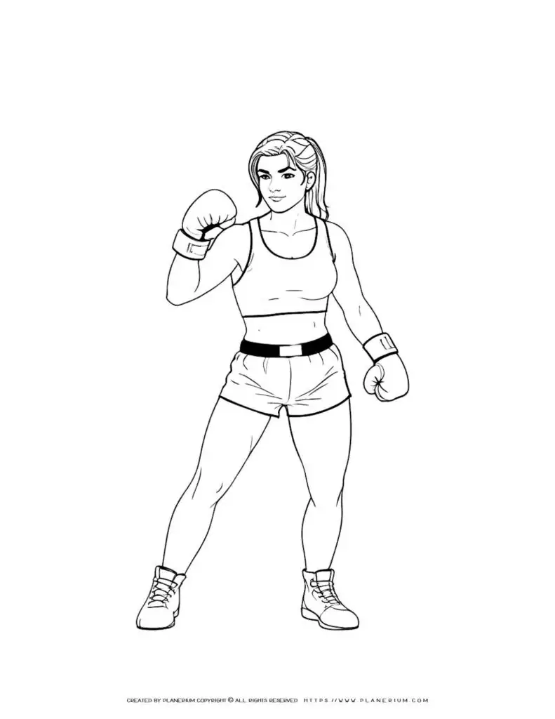 Coloring page of a female boxer in a fighting stance, perfect for kids and adults who love sports and fitness. Ideal for relaxation and creativity.